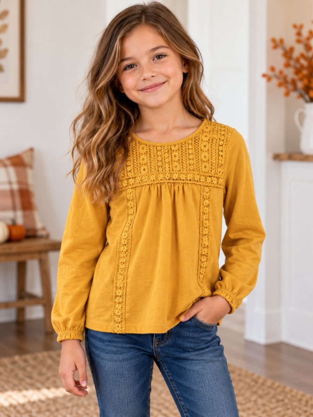 Old Navy Girls Mustard Yellow Embroidered Boho Top Size 8